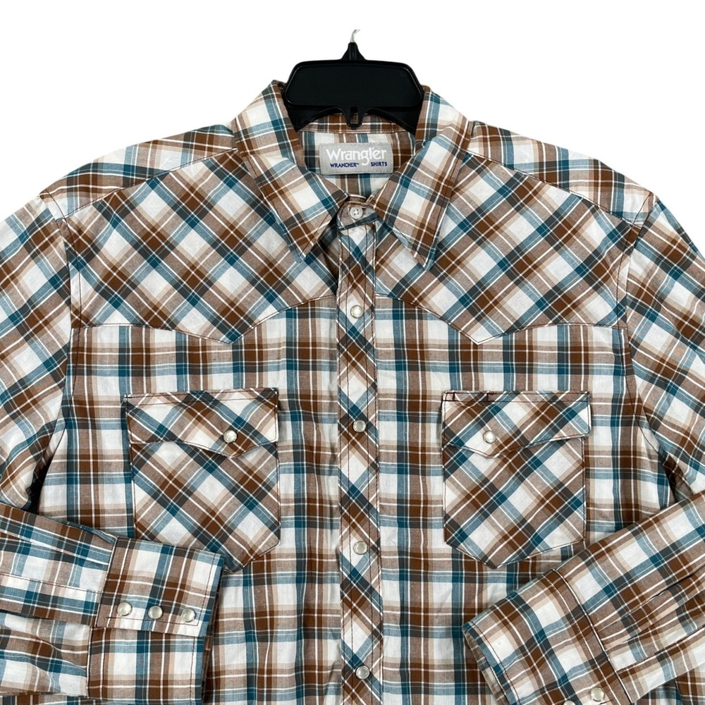 Wrangler Wrancher Shirt Mens L Brown Teal Plaid Pearl Snap Western Long Sleeve